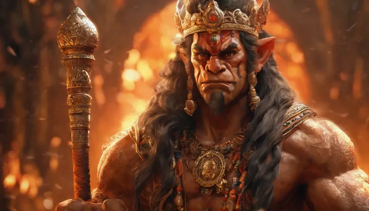 a 35 years old god hannuman who has a face of a monkey, has a long tail as a monkey, proper eyes, An Indian god, Lord Hanuman, face of a monkey , moderate stature, has a big tail, Fire on the background, strongly built, broad-chested, narrow-waisted, and l...