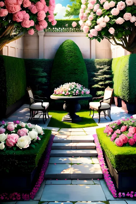 A garden with roses, peonies, and other beautiful flowers. The garden should have a classic and elegant look, with symmetrical shapes and well-manicured hedges. The plants should be arranged in a way that creates a sense of luxury and indulgence, with plen...