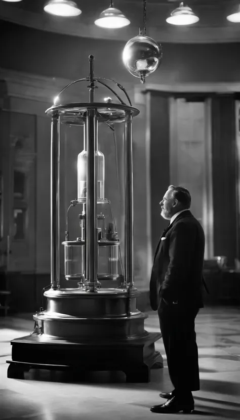 A scientist, strong personality, Kind, smiling, Full body picture, well dressed, A huge Newton pendulum in the background, 1940, hyper-realistic, Photo realism, cinematography, black and white