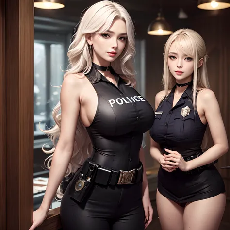 （8K，tmasterpiece：1.2），（Hyper-detailing），（ssmile：1.1），（（wavy white long hair）：1.3，beatiful detailed eyes，largeeyes，Light makeup，choker necklace，ear jewelry，Pink and moist lips），Two slender women，red color eyes，In the police station，Absurd long white hair，（P...