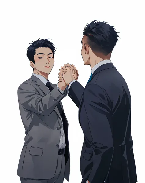 Two Asian men shake hands, dressed in a suit, Business professional cooperation, reaching out each other, Handsome and handsome, Confident personality, very professional, welcoming attitude, Black, anime big breast, High details, Super detail, High quality