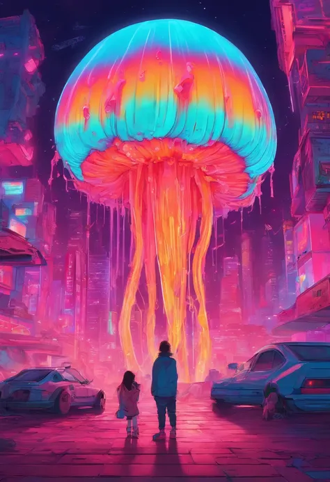 Anime - Small humans standing in front of giant jellyfish, Giant jellyfish，mechanized，Cyberpunk style，Fine details. anime big breast. Anime epic artwork, dreamy psychedelic anime, colorful concept art, emotional concept art, Beeple e James Jean, anime visu...