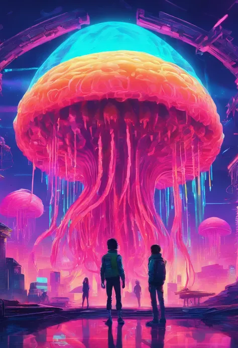 Anime - Small humans standing in front of giant jellyfish, Giant jellyfish，mechanized，Cyberpunk style，Fine details. anime big breast. Anime epic artwork, dreamy psychedelic anime, colorful concept art, emotional concept art, Beeple e James Jean, anime visu...