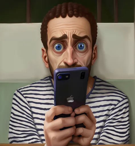 Homem com um olhar surpreso no rosto olhando para o telefone, olhando para o telefone dele, olhar horrorizado em seus olhos, Alex Grosso, technological anguish, pintura digital dos desenhos animados, Enormes olhos surpresos, desenhos animados realistas, ho...