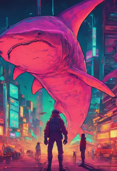 Anime - Small humans standing in front of giant sharks, Huge sharks，mechanized，Cyberpunk style，Fine details. anime big breast. Anime epic artwork, dreamy psychedelic anime, colorful concept art, emotional concept art, Beeple e James Jean, anime visuals, ar...