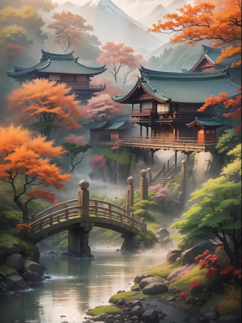 (highres,realistic:1.2),hidden leaf village,natural fog,mystical atmosphere,quiet morning,serene landscape,peaceful village,thick mist,Japanese architecture,sunrise over mountains,pine trees,tranquil river,narrow streets,stone bridges,traditional lanterns,...