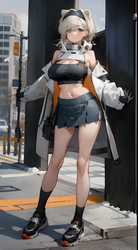 bigboobs，cropped shoulders，knee length socks，pleatedskirt，athletic sneakers，wear a trench coat outside，wear a bandeau underneath...