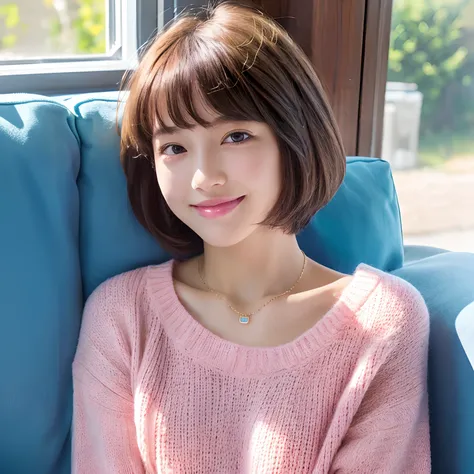 Ultra quality, ultra detailed eyes, soft skin, milky skin, pink lips, bob cut short hair, summer sweater, smile, window, blue sky, sit down on couch, neckless