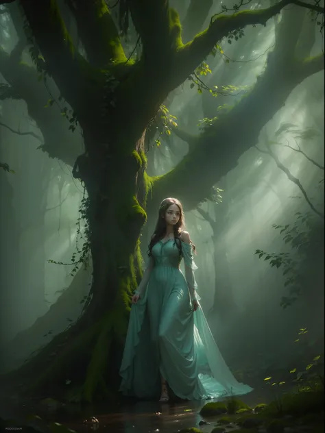 There is a girl in the misty woods. She is walking gracefully through the trees, with a sense of mystery surrounding her. The mist is dense and covers the ground, creating an ethereal atmosphere. The woods are filled with tall, ancient trees, their branche...