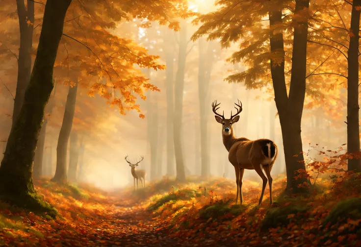 (best quality, 4k, 8k, high resolution, masterpiece: 1.2), ultra detailed, (realistic, photorealistic, photorealistic: 1.37),Beautiful view of autumn, dreamlike, there is a lot of fog in the forest, a deer, magnificent award-winning image.