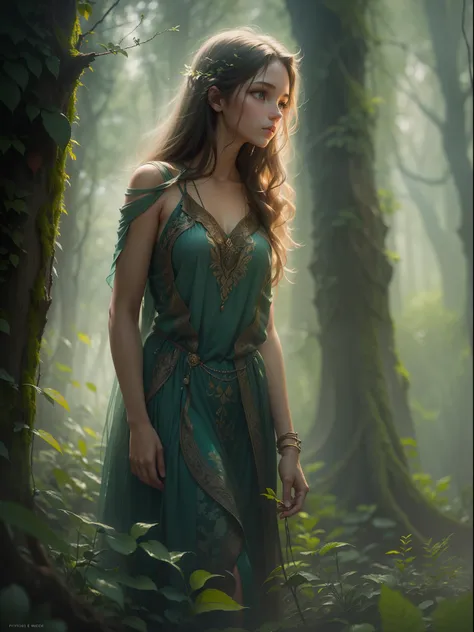 There is a girl in the misty woods. She is walking gracefully through the trees, with a sense of mystery surrounding her. The mist is dense and covers the ground, creating an ethereal atmosphere. The woods are filled with tall, ancient trees, their branche...