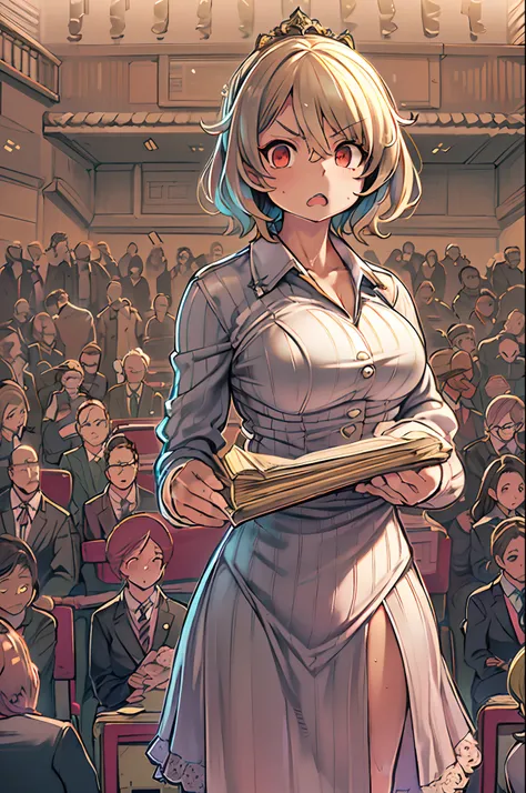 masutepiece, excellent, (Office: 1.8), Ultra-high-definition CG rendering, Standing, 1 Royal Sister, angry, Woman with short tanned hair, layered dress, Hands folded at the waist, Facing the audience, Illustration, Wide-angle panorama