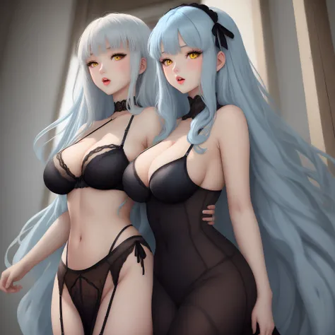 Long hair light blue hair yellow eyes massive breasts hot black lingerie dress anime