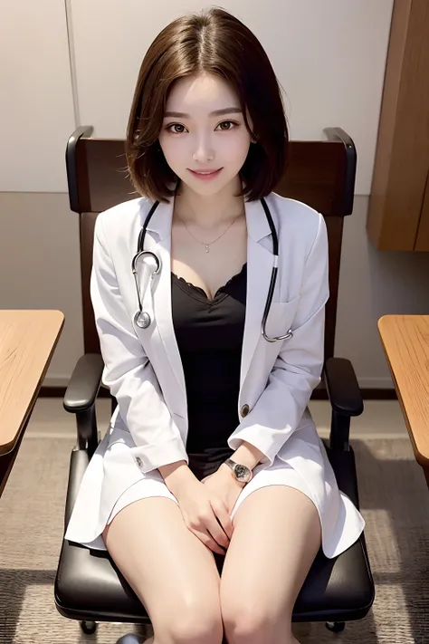 Female doctor in white coat、１Man Woman、(Smile Face:1.1)、Slim Face、The most beautiful women in the world、hyperdetailed face、Detailed eye、二重まぶた、Kamimei、perfect teeth、Perfect tooth alignment、(glistning skin)、(sun-kissed skin)、(real looking skin)、Blurred backg...