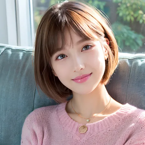 Ultra quality, ultra detailed eyes, soft skin, milky skin, pink lips, bob cut short hair, summer sweater, smile, window, blue sky, sit down on couch, neckless