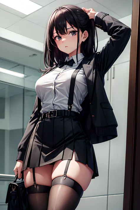 Suit,Collared shirt,Belt bag,Suspenders black mini skirt　garterbelts　knee high　Stockings　Black Niso　Colorcon armpit sweat　perspiring　Side of both hands,Black jacket,Gaze,ample bosom,Armpit sweat,Exposing the armpits"Tight clothes handcuffs