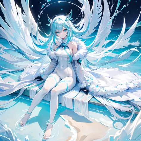 Anime teen girl, ((((White and Blue winter coat with fur)))), blue hand and thigh accessories, (((long light (glowing) aqua hair))), ((hair accessories)), ((black eyes)), (((blue decorations around the entire body))), (smiling), pale skin,  neck, shoulders...