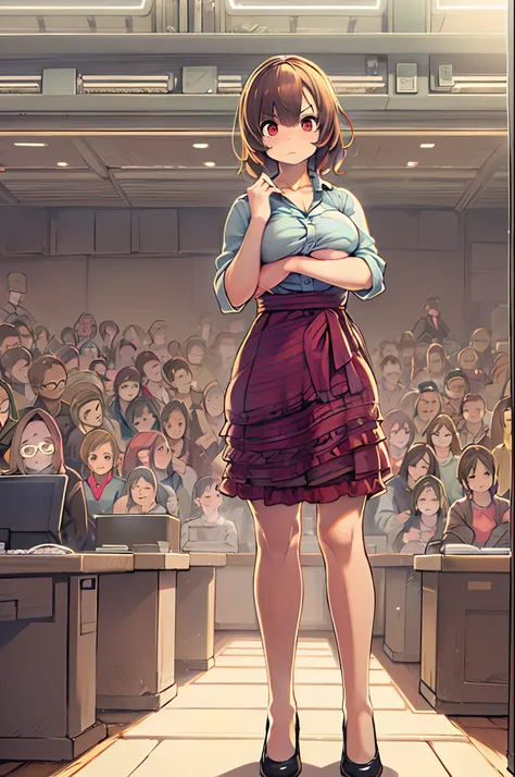 masutepiece, excellent, (Office: 1.8), Ultra-high-definition CG rendering, Standing, 1 Royal Sister, angry, Woman with short tanned hair, layered dress, Hands folded at the waist, Facing the audience, Illustration, Wide-angle panorama