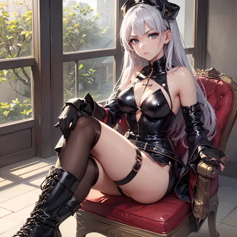 ((Finest quality)),(超A high resolution),(ultra-detailliert),((Best Anime)),sharpnes,Clair,Art with astounding depictions, (1人の女性:1 Condescending look:1.4),Leather bondage,Cone:1.5,Military boots:1.5 Sit on a chair and cross your legs, Have a whip