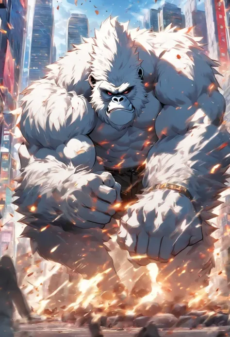 Very muscular 4k manga type angry white gorilla in the middle of the city