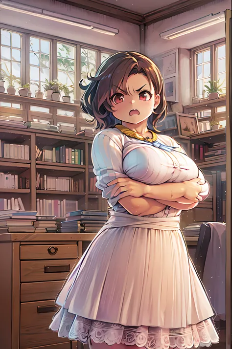 masutepiece, excellent, (Office: 1.8), Ultra-high-definition CG rendering, Standing, 1 Royal Sister, angry, Woman with short tanned hair, layered dress, Hands folded at the waist, Illustration, Wide-angle panorama,bbw、huge-breasted、