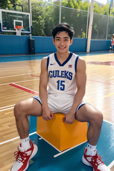 A 16-year-old boy on the basketball court,Naked upper body, Wearing gym shorts, whitestocking, Wear sneakers, Stand on the basketball court,Wearing sweat, There are abs, junior school student, Differential crushing cap, rough breath, smiling expression,Thi...