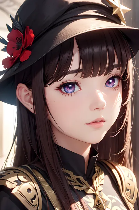 face, closeup, closeup shot, shiny hair, shiny clothes, shiny, extremely detailed eyes, extreme details, realistic, cinematic, detailed, masterpiece, 4k, 8k, , PunkAI,, FantasyAI_Burple,, indoors, hu tao (genshin impact), genshin impact, hat, symbol-shaped...