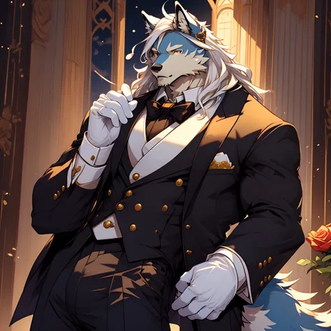 masterpiece, exquisite details,  male wolves,lean，pianist, the long white hair is elegant and handsome，the pants are slightly li...