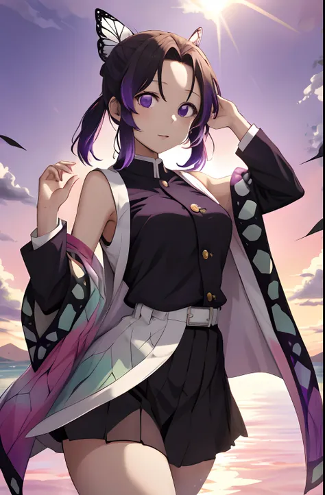 Kochou Shinobu, 1girl,masterpiece, multicolored hair,sleeveless, purple eyes, black jacket,black skirt,uniform, white haori, , multiple butterflies, , laked sunset, lens flare, perfect lighting, highest quality, hands behind, thick thighs, medium breasts, ...