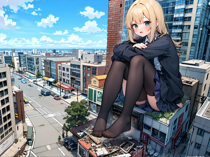 1girll,，Clouds， view over city， mountain ranges， Masterpiece, Best quality, Highly detailed,Masterpiece,Best quality,offcial art,Extremely detailed Cg Unity 8K wallpaper，{{{Giantess}}}，Giant，1girll，{Black stockings}，modern miniature city，A cold expression，...