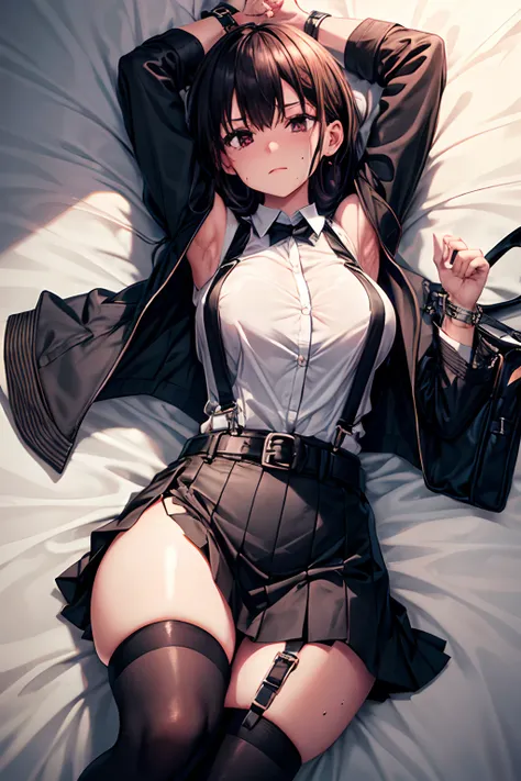 Suit,Collared shirt,Belt bag,Suspenders black mini skirt　garterbelts　knee high　Stockings　Black Niso　Colorcon armpit sweat　perspiring　Side of both hands,Black jacket,Gaze,ample bosom,Armpit sweat,Exposing the armpits"Tight clothes handcuffs