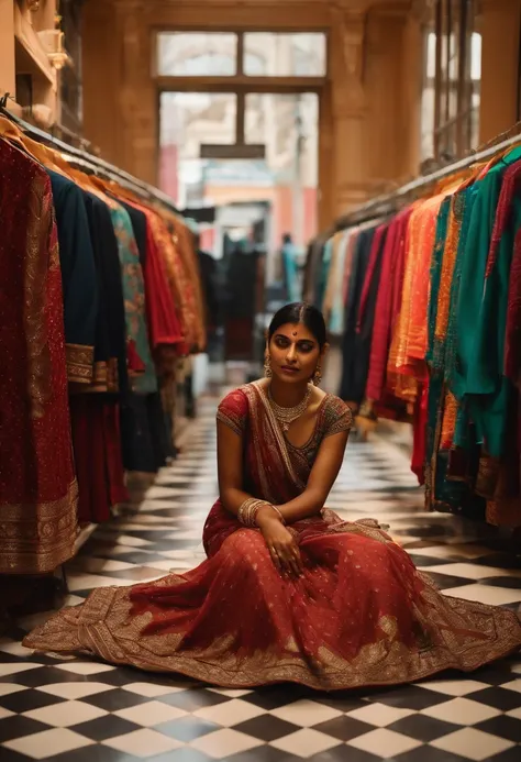 solo Indian women, visible cleveage, in a clothing store looking seeing cloths, while seating on floor, saleman showing her cloths