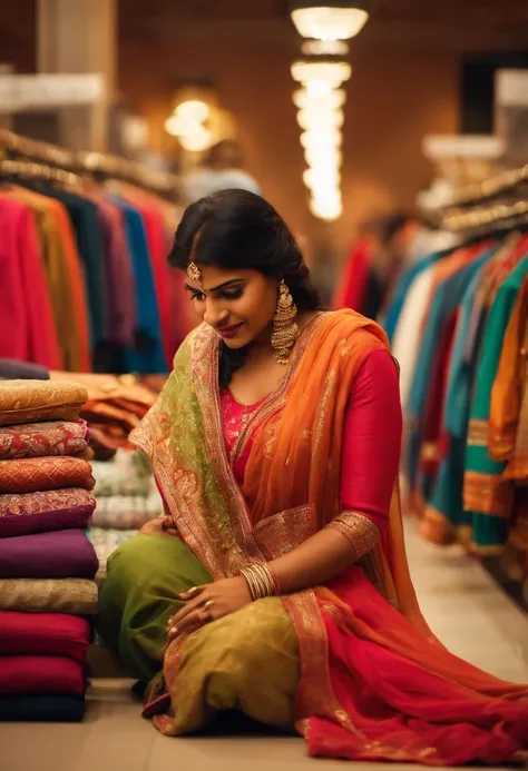 solo Indian women, visible cleveage, in a clothing store looking seeing cloths, while seating on floor, saleman showing her cloths