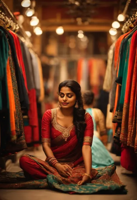 solo Indian women, visible cleveage, in a clothing store looking seeing cloths, while seating on floor, saleman showing her cloths