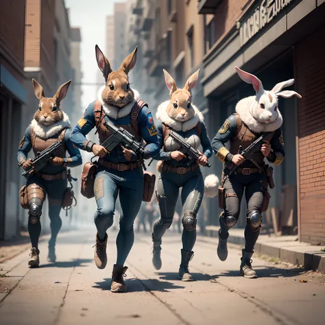 /imagine three running rabbits wearing full combat gear and carrying steampunk rifles, combat zone in the background, intricate details, 16k resolution, rendered in octane, artistic, water colors --auto --s2