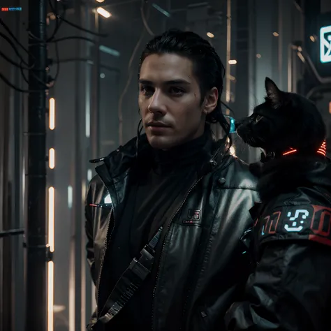 Cyberpunk, handsome boy, ultra,8k, realistic face, with cat