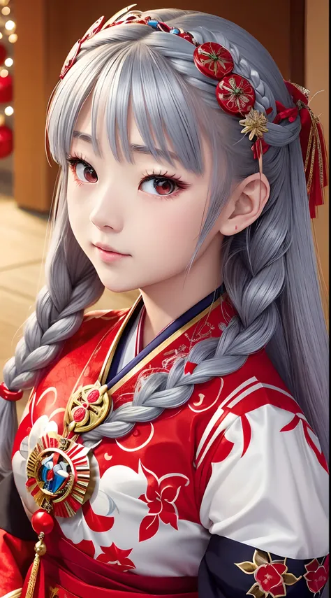 Japan girl is very cute。I have red eyes、Wearing flashy national costumes、Silver-haired braid、Wearing a lot of ornaments、Royal Girl、