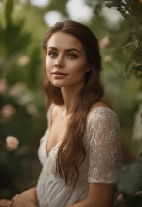 photorealistic), beautiful lighting, best quality, realistic, full body portrait, real picture, intricate details, depth of field, 1girl, woman with large breasts, sexy girl with green eyes, portrait, long brown hair and large eyes, selfie of a young woman...