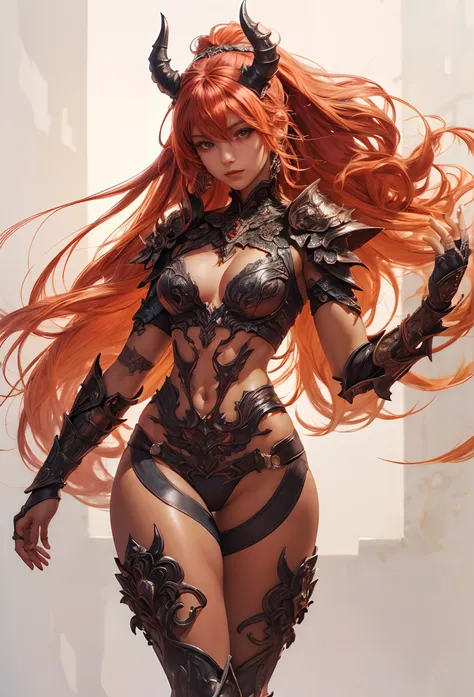 (Detailed illustrations,Very detailed and detailed drawing,Delicate lines with slow and rapid,Realistic texture expression),[Color tressed main line],[Lava cave background [Hot hell:0.4]],HENAI ANIME (Red-skinned DemonGirl 19 years old slender muscular) Fl...