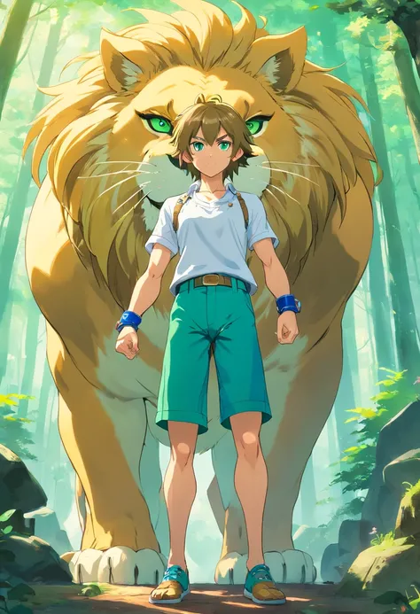 ((foto crua)), ((obra-prima)), link of Zelda version humanoid bodybuilder anthropomorphic lion, detalhe intrincado, intricate Greebles pieces, 12k, forest behind, muscular arms, Rabo, small head, giant trapezoid, Ogro monstruoso, Titan, soft-lighting, cabe...