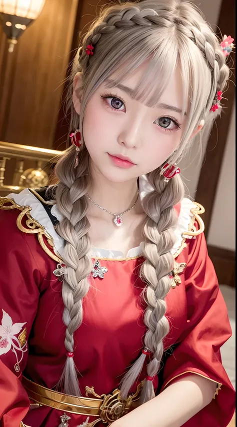 Japan girl is very cute。I have red eyes、Wearing flashy national costumes、Silver-haired braid、Wearing a lot of ornaments、Royal Girl、