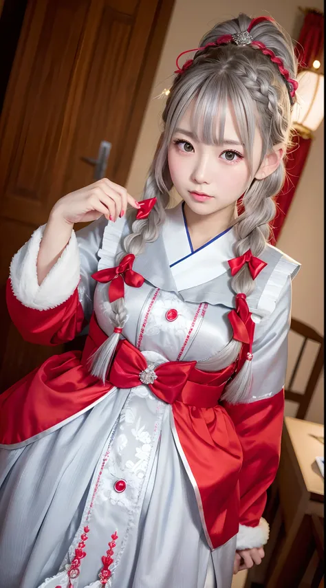 Japan girl is very cute。I have red eyes、Wearing flashy national costumes、Silver-haired braid、Wearing a lot of ornaments、Royal Girl、