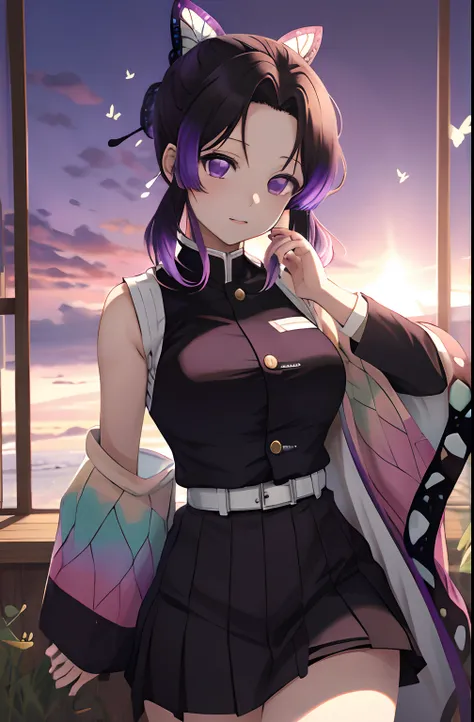 Kochou Shinobu, 1girl,masterpiece, multicolored hair,sleeveless, purple eyes, black jacket,black skirt,uniform, white haori, , multiple butterflies, , laked sunset, lens flare, perfect lighting, highest quality, hands behind, thick thighs, medium breasts, ...