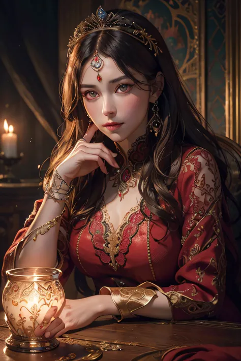 ultra realistic 8k cg, masterpiece, ((ultra detailed background, delicate pattern, intricate detail)), sitting, formal, serious, glowing red eye, queen, goddess, divine, cursed, dark fantasy, (hair over one eye),