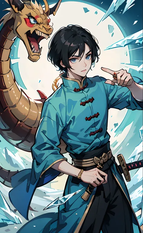 Black hair, Blue eyes, Chinese， man, sword, Short hair, Eau, icy, shenron