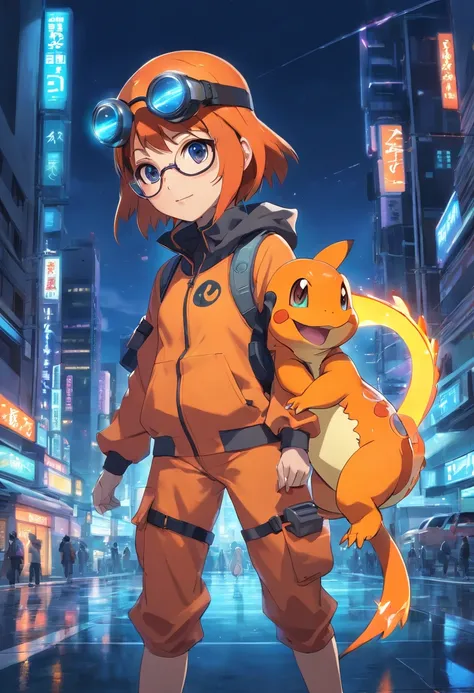 a highly detailed illustration of Charmander wearing biomechanical suit and pair of futuristic glasses, qualidade excepcional, dinamic pose, mischievous expression, Futuristic Urban Night Scenery, lighting dramatic, estilo de desenho hiper-realista