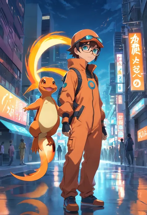 a highly detailed illustration of Charmander wearing biomechanical suit and pair of futuristic glasses, qualidade excepcional, dinamic pose, mischievous expression, Futuristic Urban Night Scenery, lighting dramatic, estilo de desenho hiper-realista