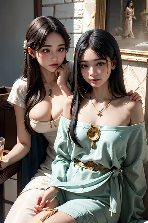 High quality, Ultra-realistic,closeup Portrait of two beautiful women in ancient Mesopotamia,leering:1.4, Ancient Mesopotamian civilization, Babylonia, Uruk, Tunic in various lengths, Linen clothing, Onyx necklace, Paisley costume, Kaunax, Bronze vessels, ...