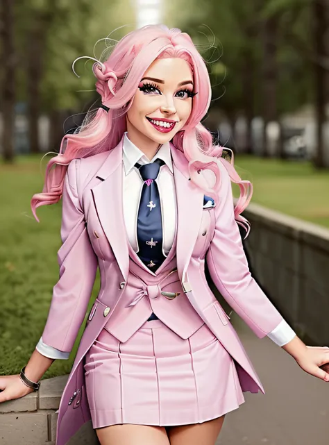 A woman with pink hair posing with a smile, skirt suit, (((three-piece suit))), (((necktie))), blazer, (((suit jacket))), (((waistcoat))), double-breasted waistcoat, bodycon miniskirt, pencil skirt,