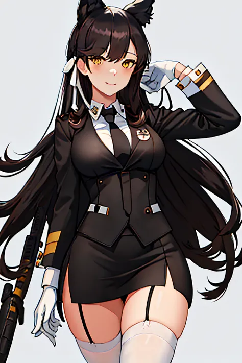 best quality, masterpiece, highres, solo, {atago_azurlane:1.15}, animal_ears, long_hair, black_hair, bangs, extra_ears, mole, mole_under_eye, breasts, large_breasts, ribbon, smile, brown_eyes, white_ribbon, hair_ribbon, blush, swept_bangs, closed_mouth, ye...